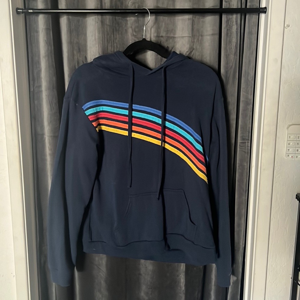 NEVER WORN blue with colorful design hooded sweatshirt
